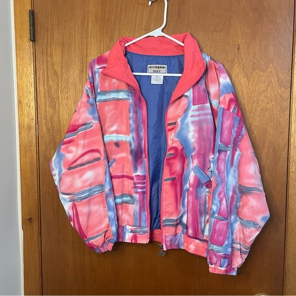 Ixspa golf windbreaker‎ jacket size medium polyester nylon pink blue pattern - Picture 1 of 7